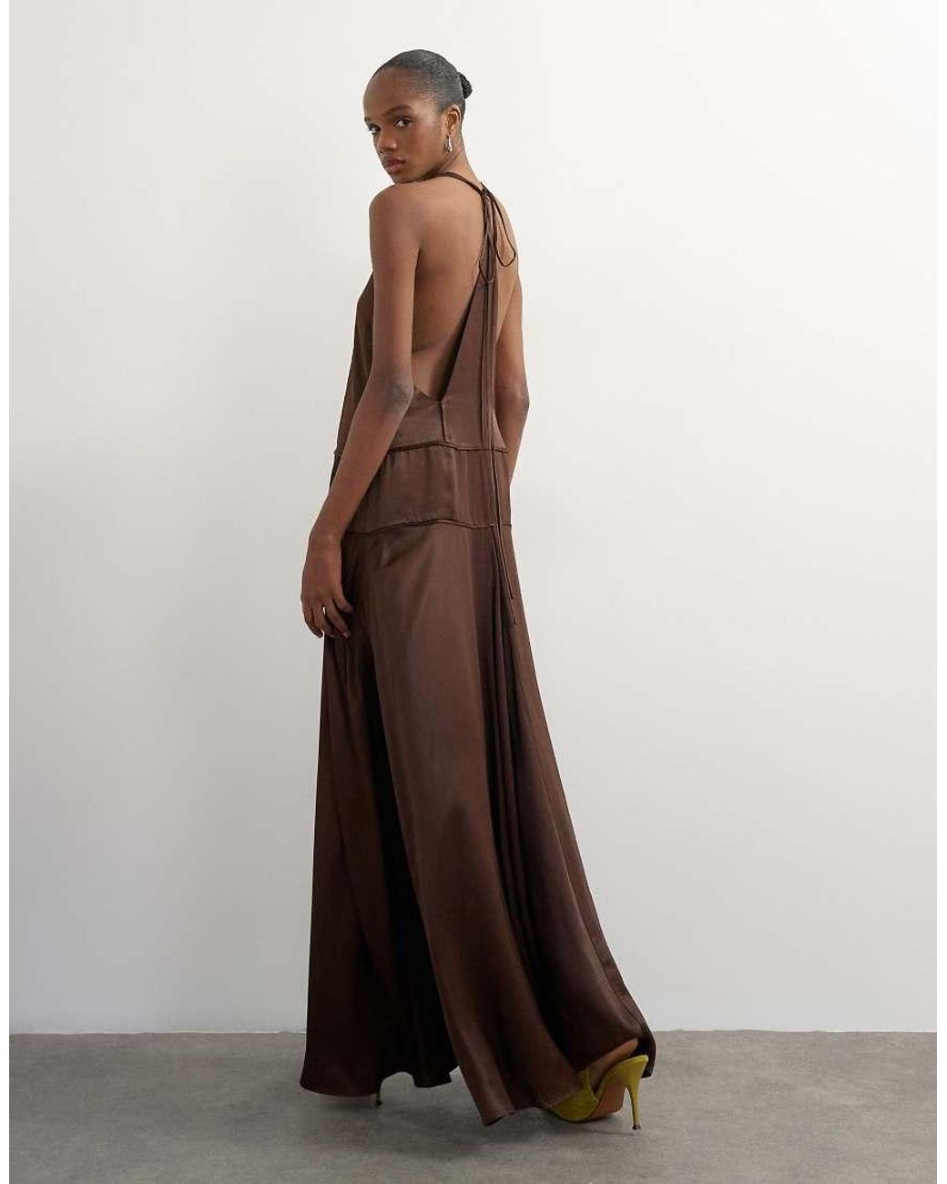 TOPSHOP Brown Satin Dropped Waist Low Armhole Maxi Dress