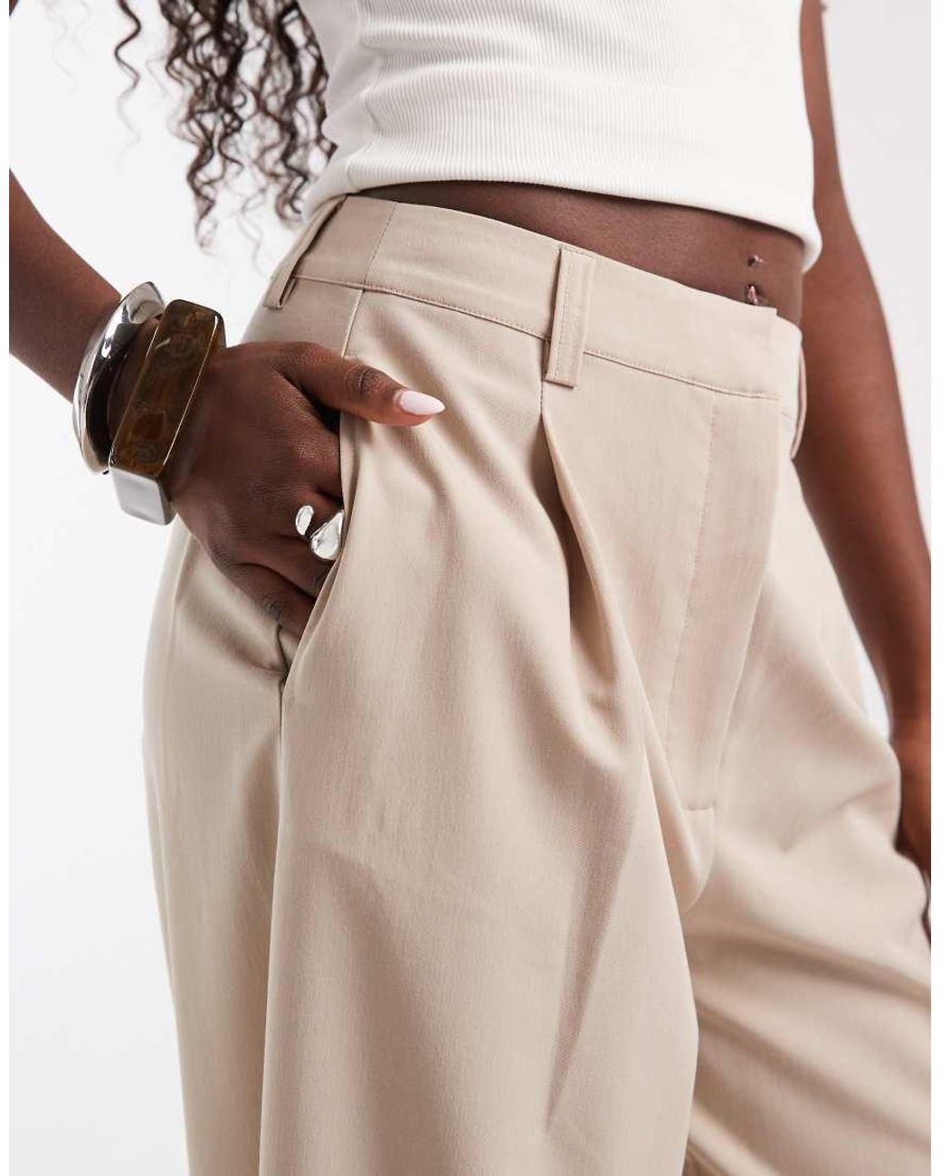 ASOS Natural Tailored High Waisted Wide Leg Trousers With Turn Up