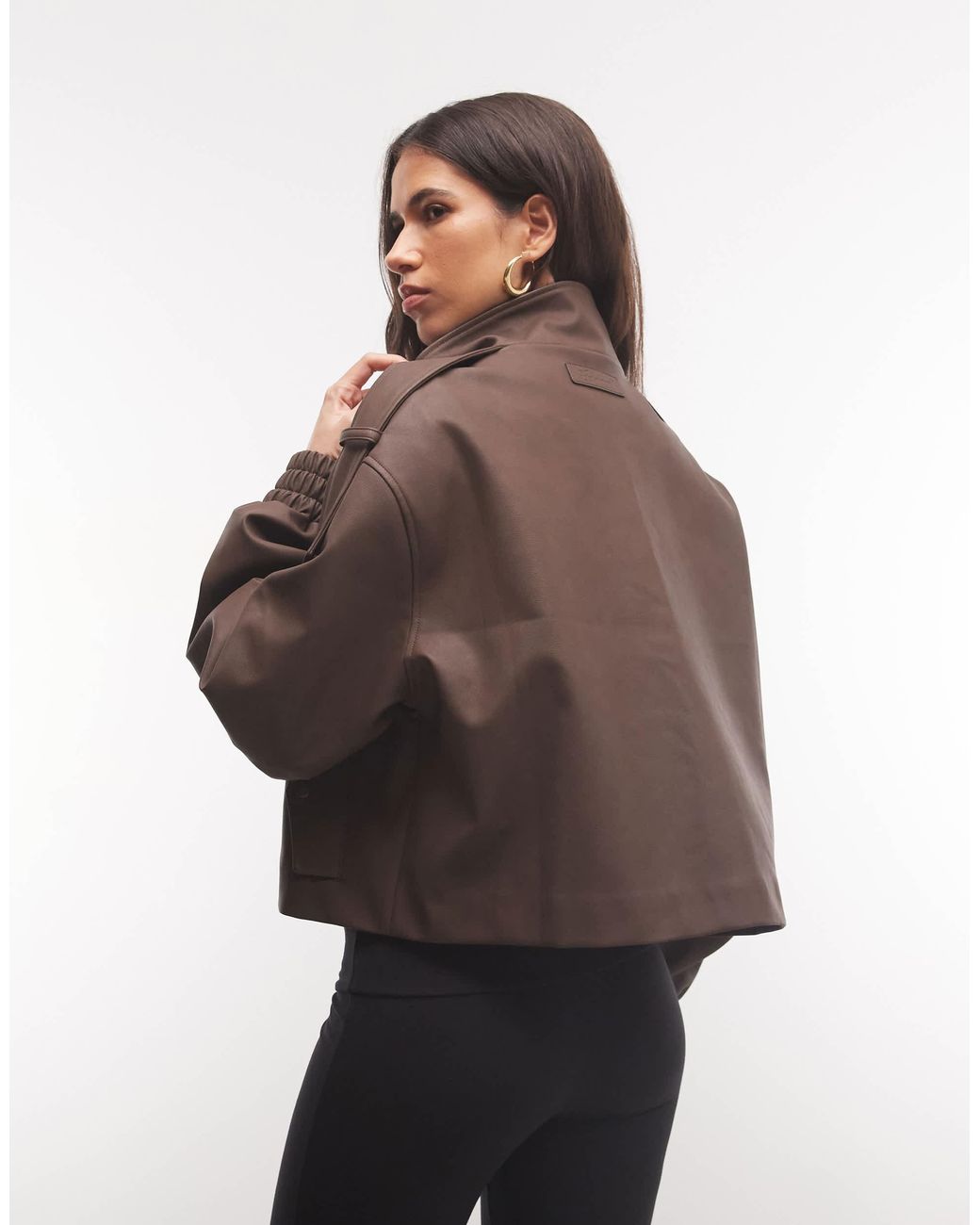 CERNUCCI Brown Boxy Faux Leather Funnel Neck Jacket