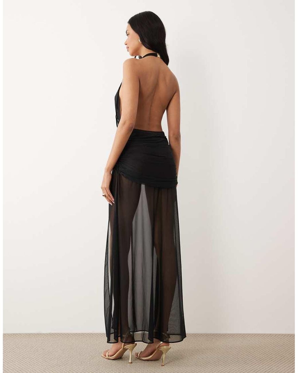 Oh Polly Black Mesh Plunge Cowl Halter Neck Thigh Split Beach Maxi Dress
