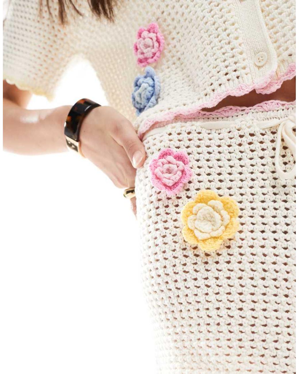 The Frolic White Exclusive Beach Crochet Flower Detail Shorts Co-ord