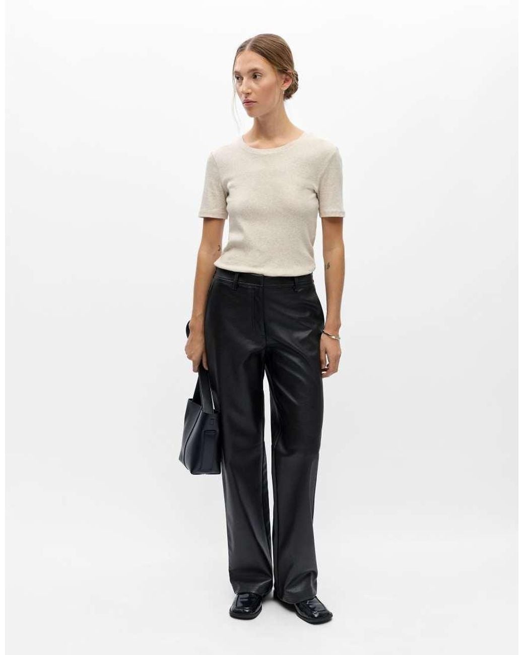 Object Black Liva Faux Leather Mid Waist Wide Leg Trousers