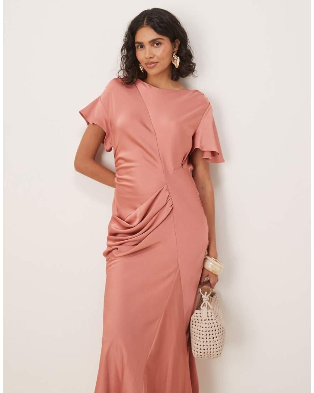 ASOS Pink Satin Flutter Sleeve Maxi Dress
