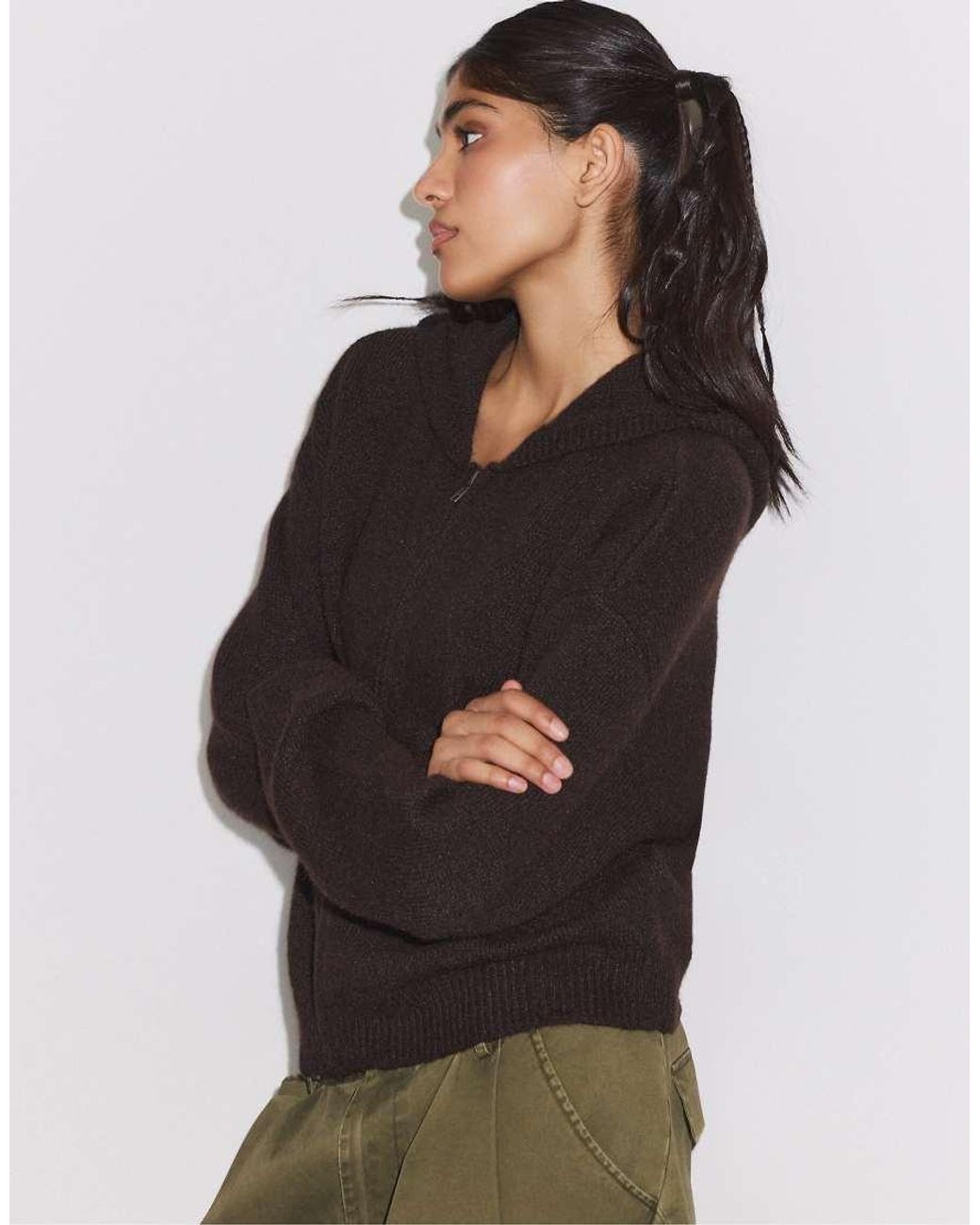 Stradivarius Brown Zipped Hooded Knit Cardigan