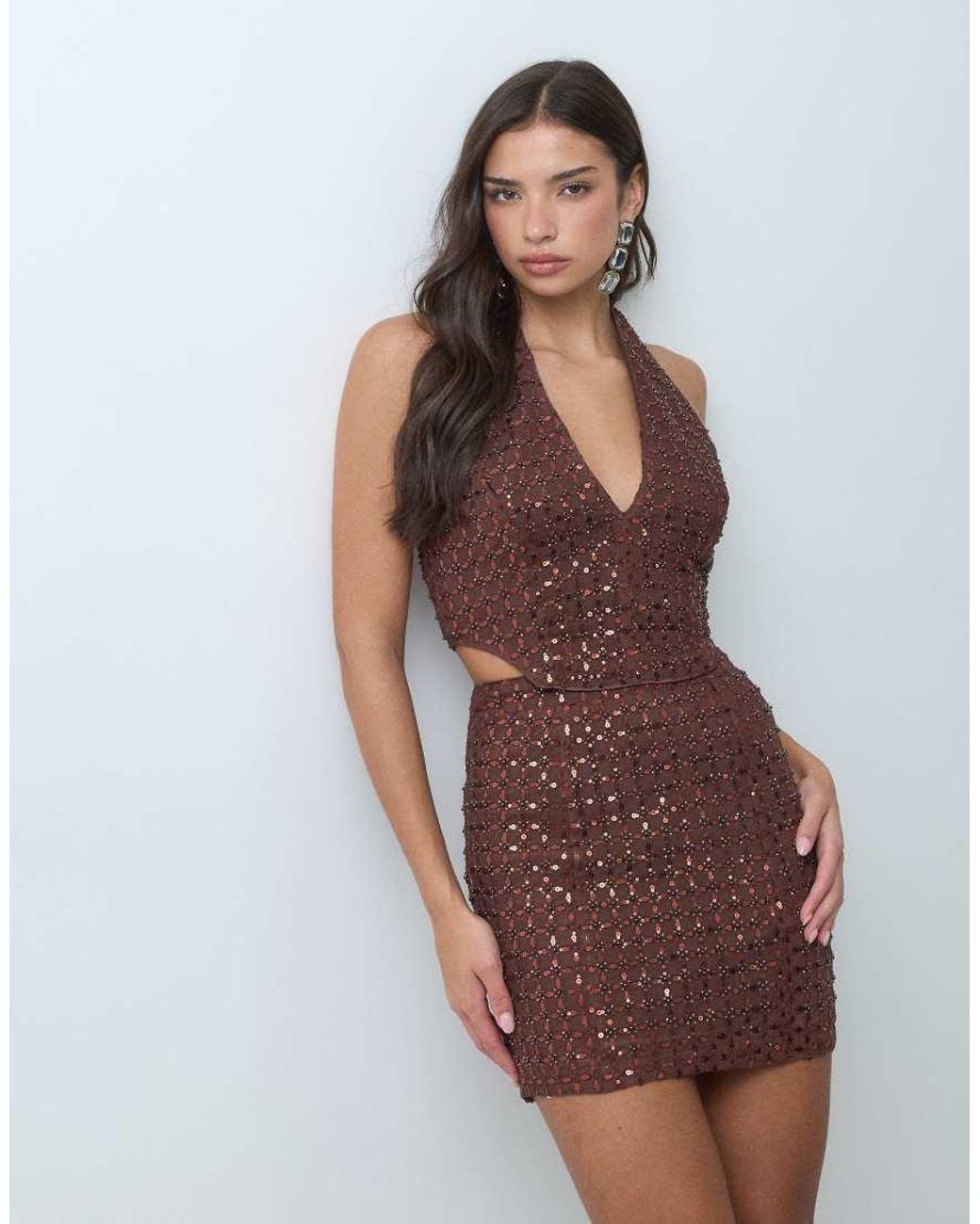 TFNC London Brown Premium Sequins Plunge Halter Neck Embellished Top Co-ord