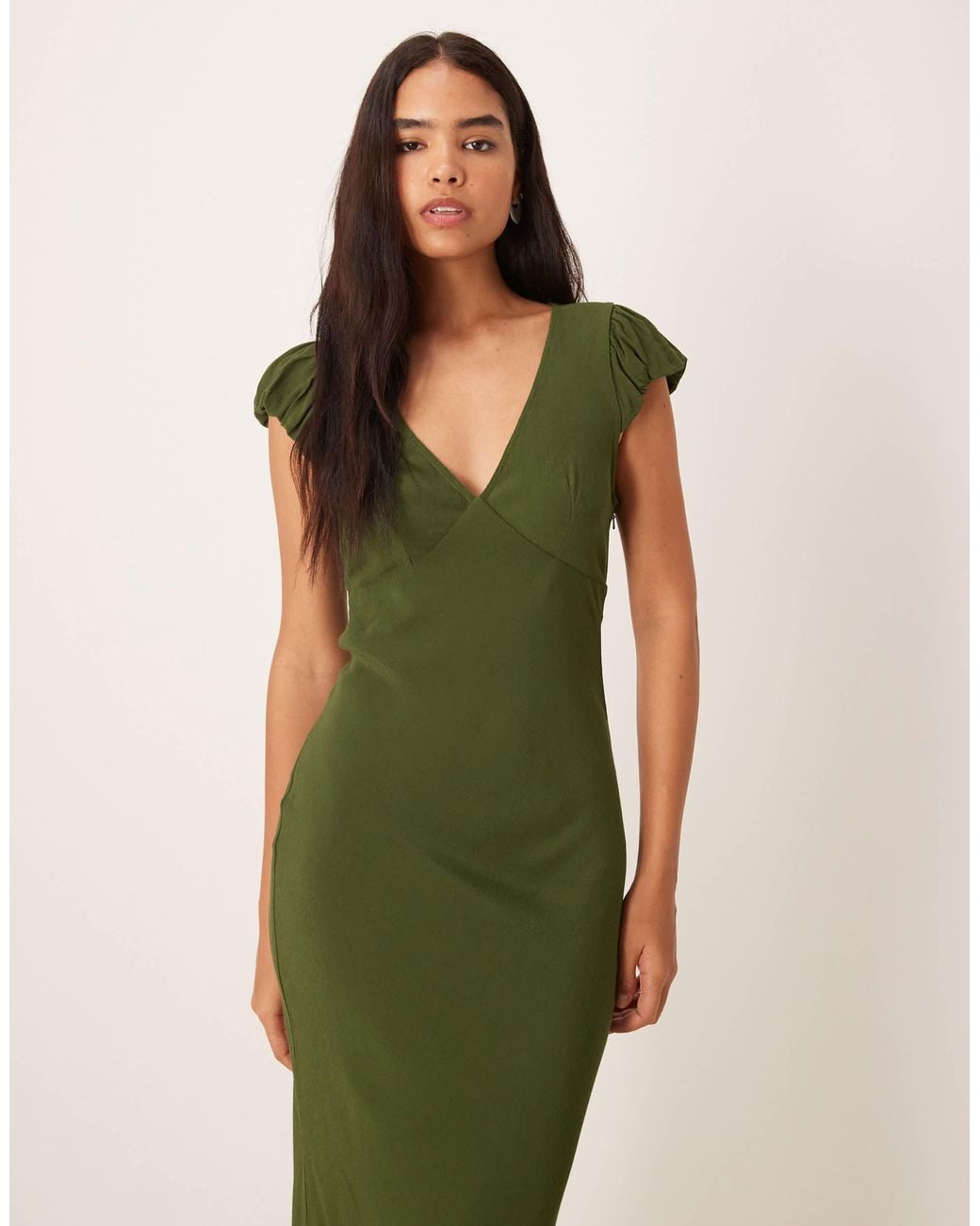 ASOS Green Puff Sleeve V-neck Maxi Tea Dress