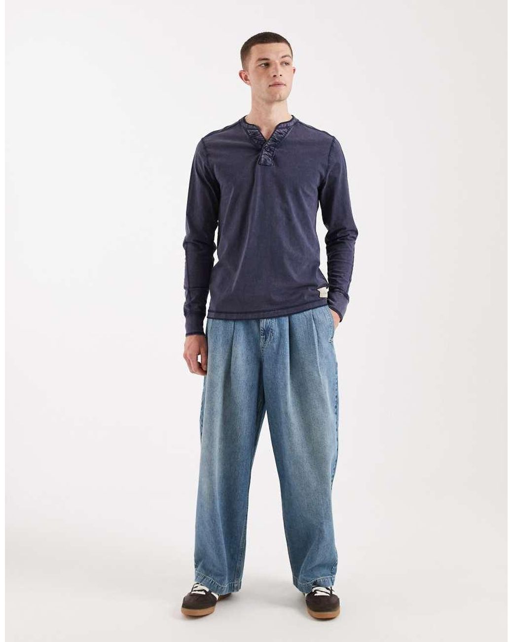 Hollister Blue Long Sleeve Henley Top for men