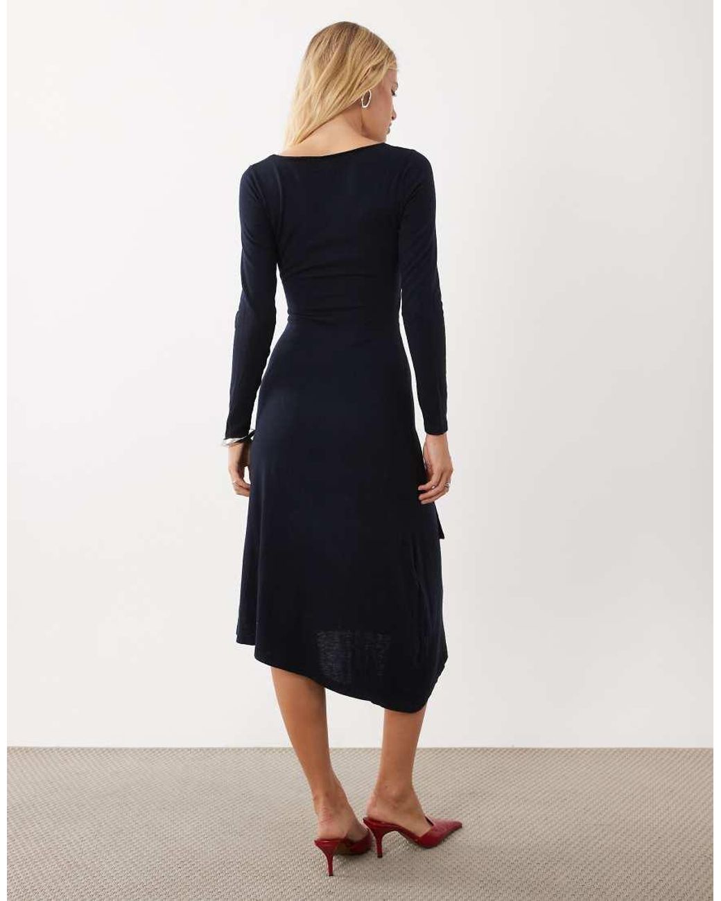 Mango Blue Boat Neck Long Sleeve Midi Dress With Tie Waist