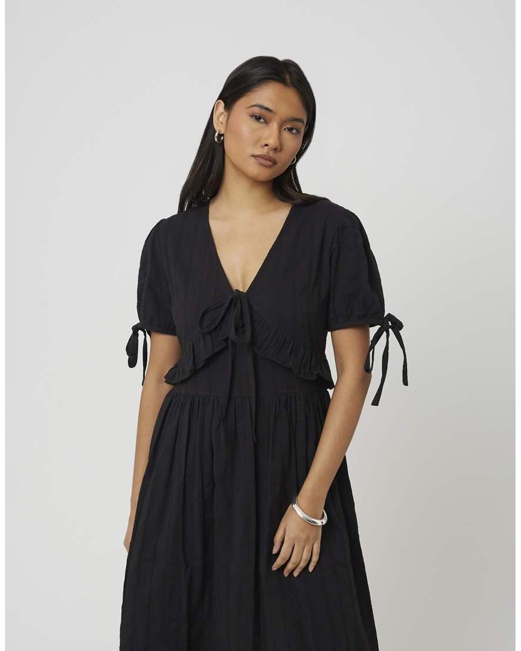 Brave Soul Black Puff Sleeve Maxi Dress With Tie And Ruffle Details