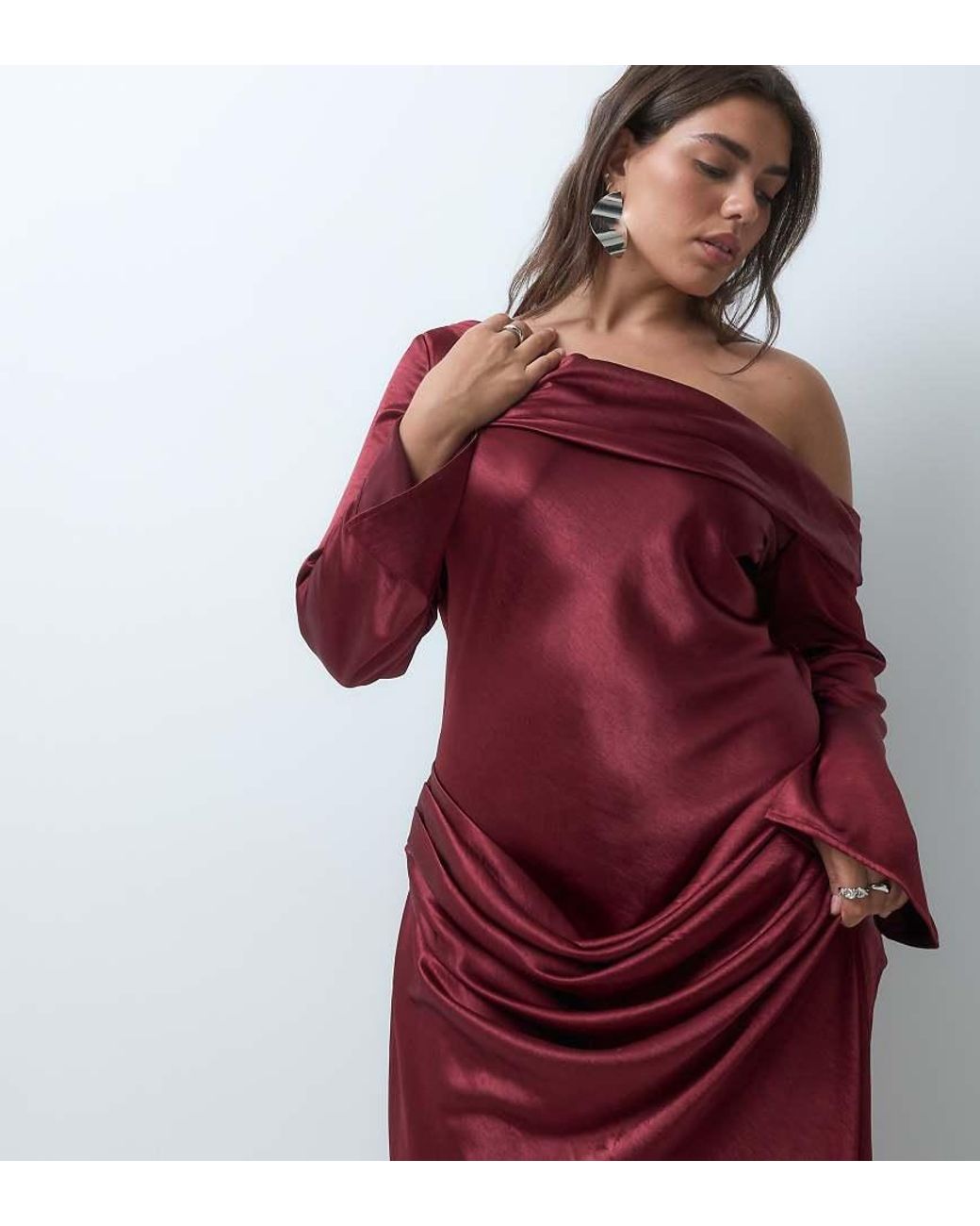 Tfnc Plus Red Hamme Satin Maxi Dress With Asymmetric Off-shoulder Neckline And Ruched Waist Detail