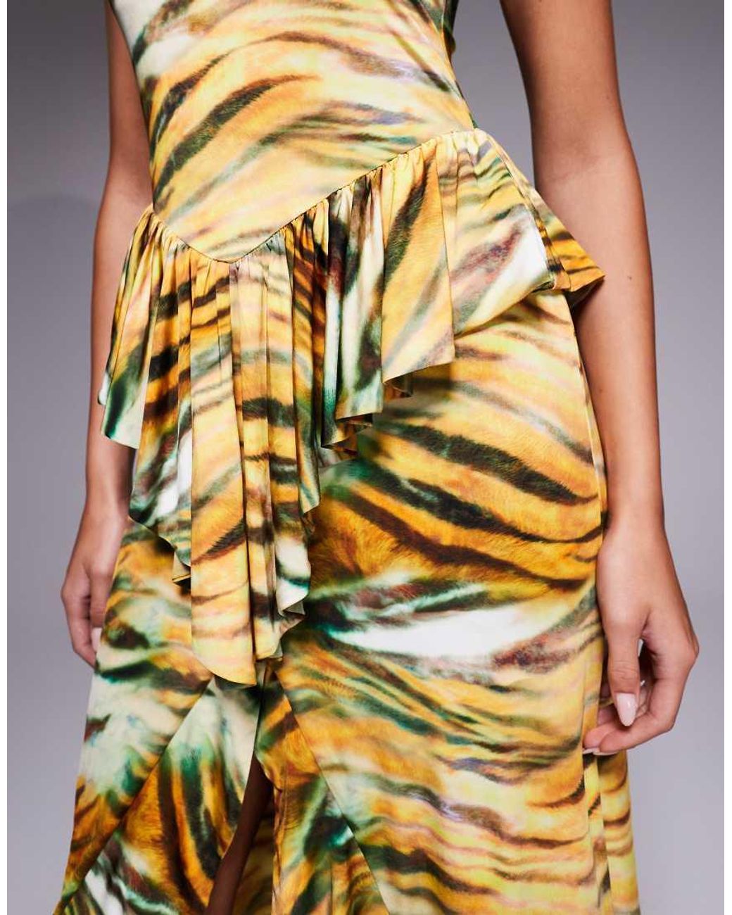 AFRM Metallic Slinky Racerneck Ruffle Detail Front Split Maxi Dress