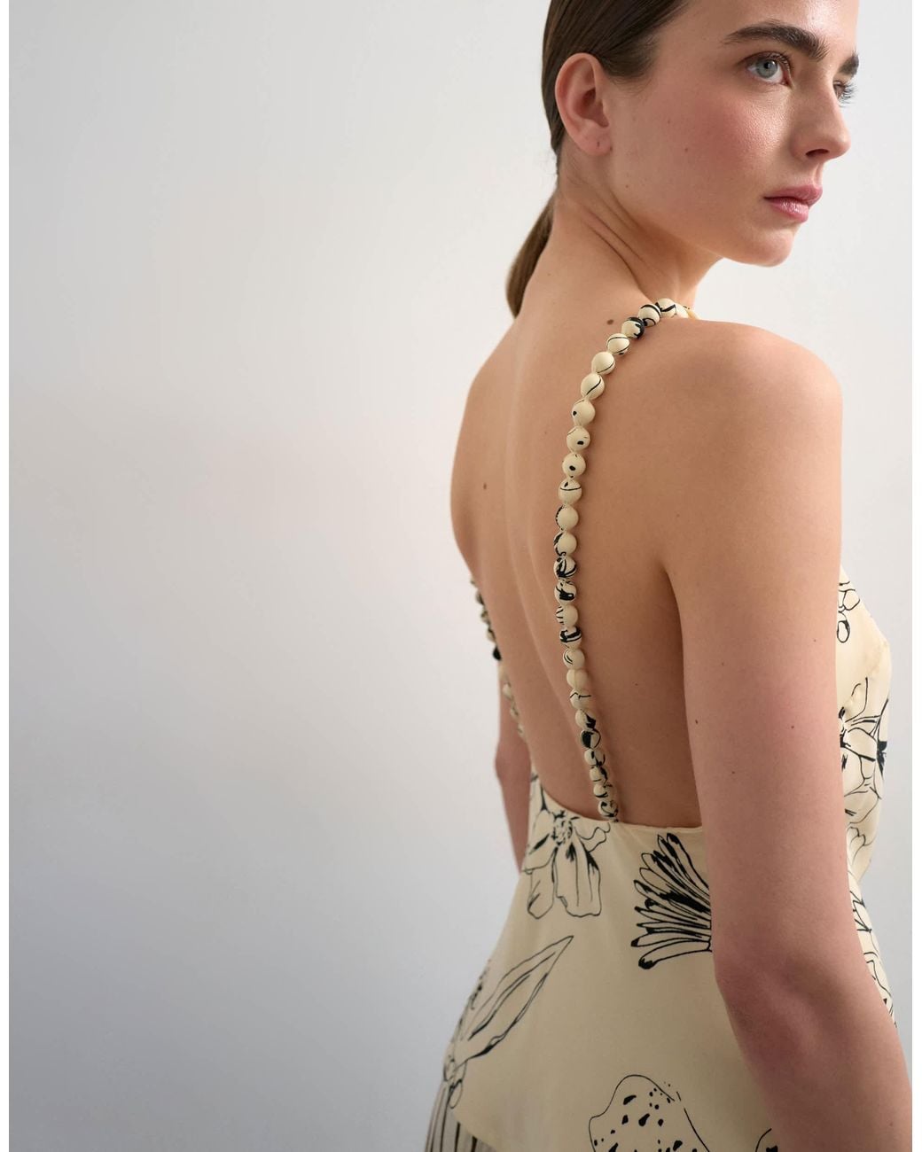 TOPSHOP Contrast Print Beaded Straps Maxi Dress in Natural