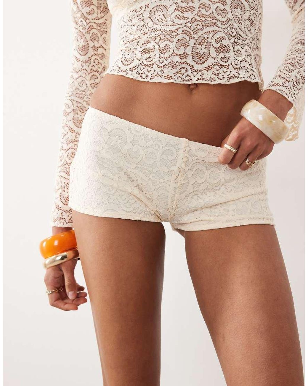 Motel Natural Co-ord Shama Foldover Lace Hot Pants