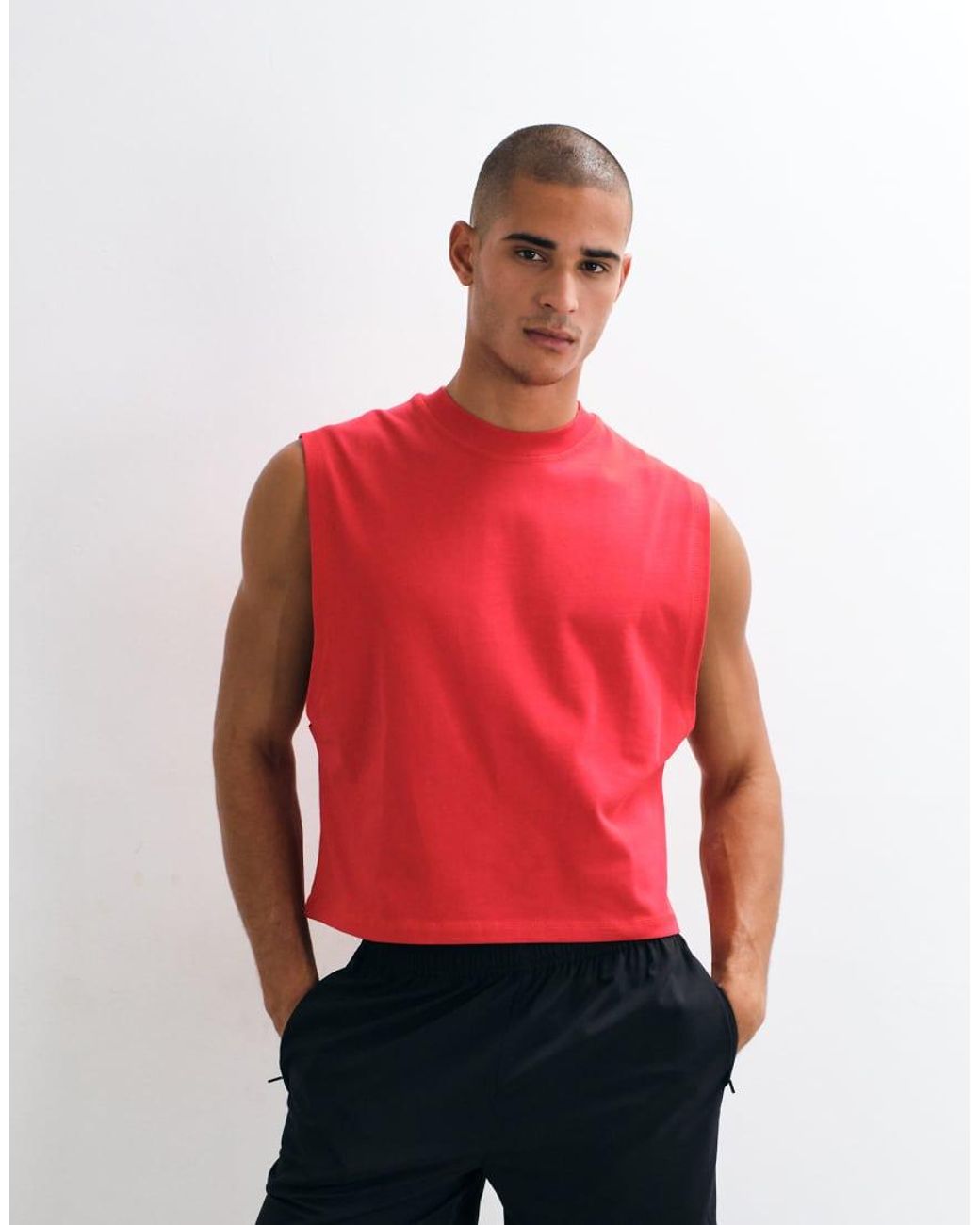 4505 Red Cotton Cropped Lifting Tank With Quick Dry Finish for men