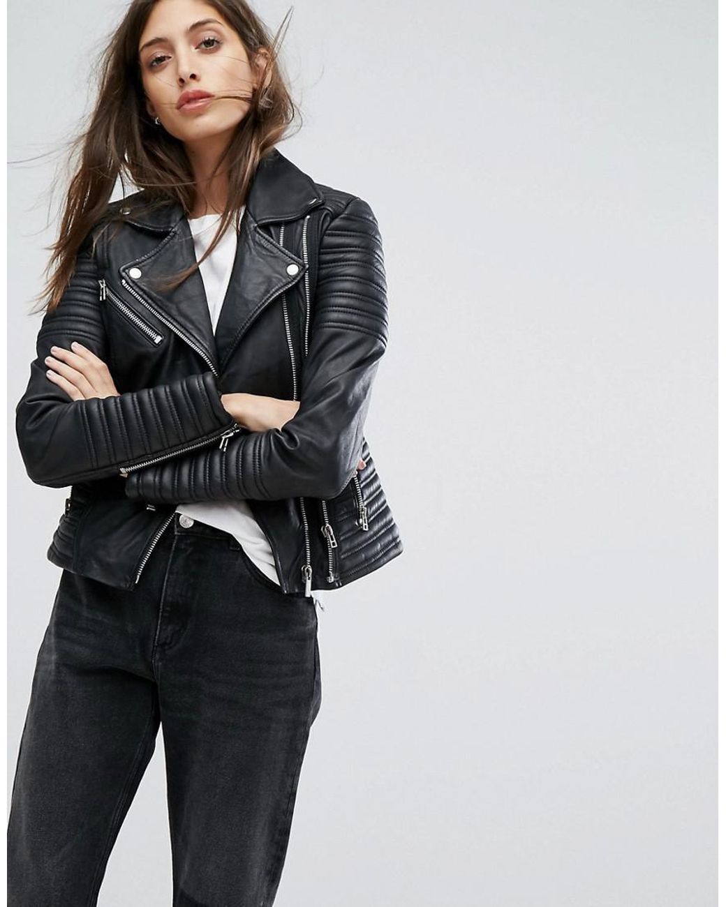 Goosecraft Leather Biker Jacket With Ribbed Detail in Black | Lyst