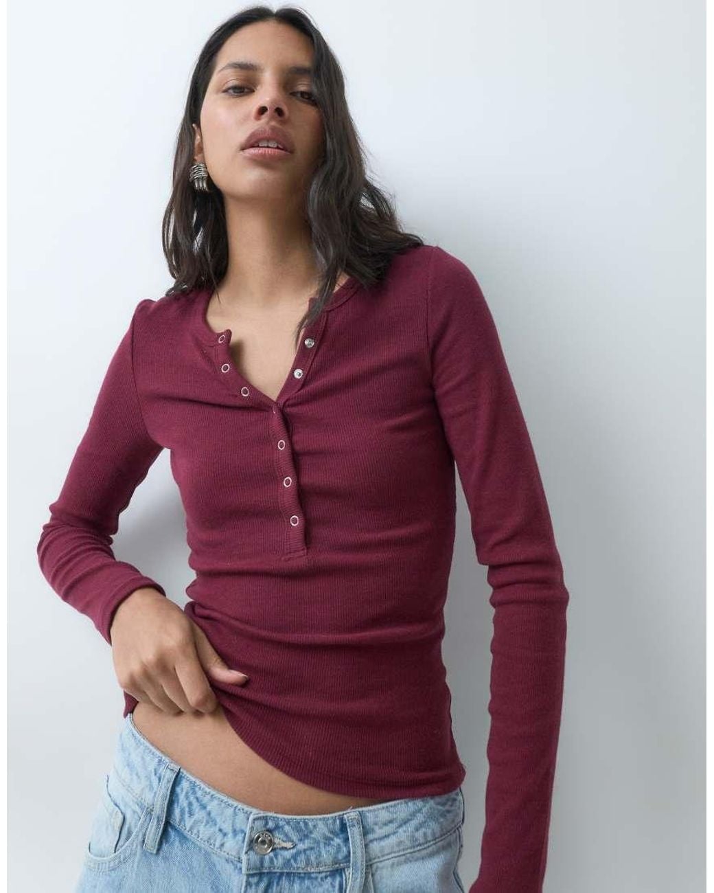 Cotton On Red Blake Henley Long Sleeve