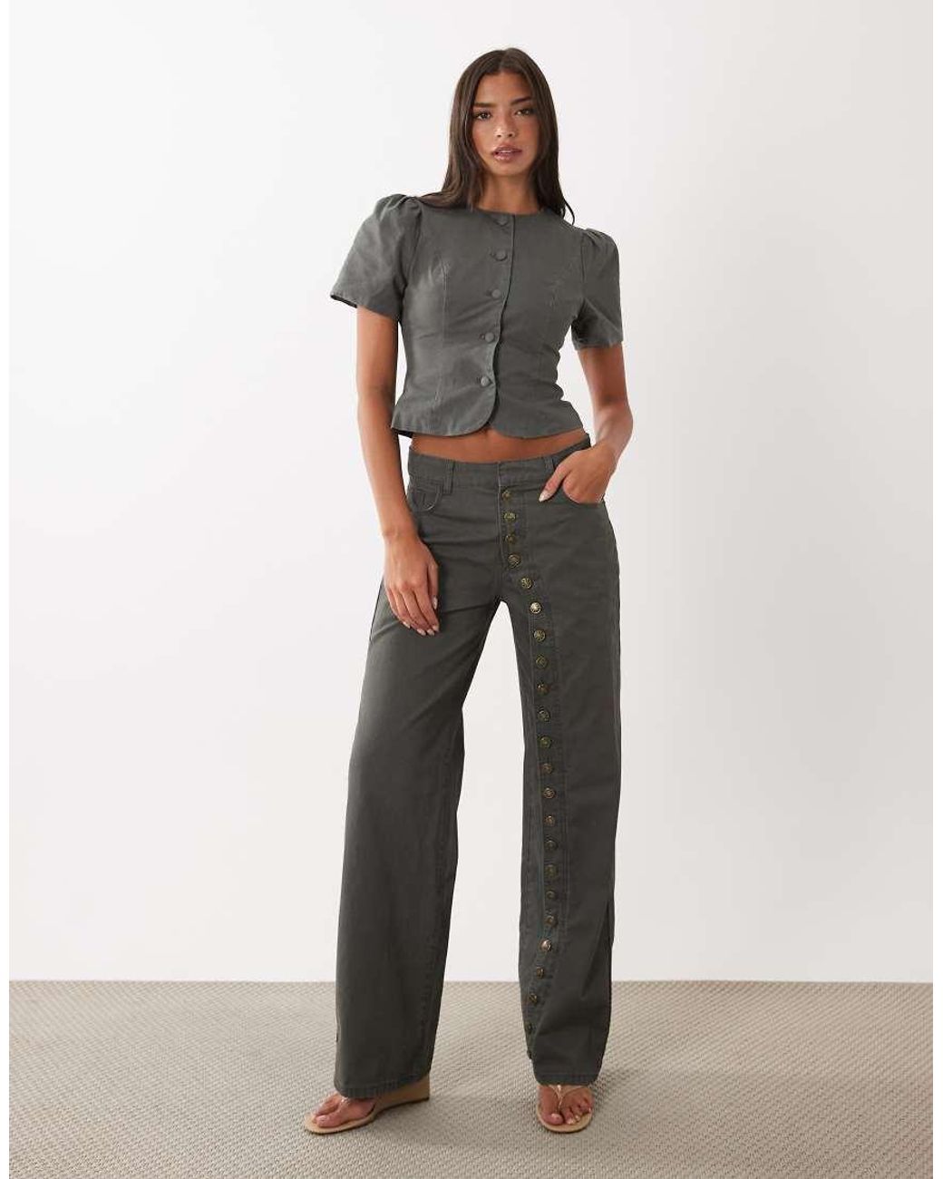 Lioness Gray Femme Cotton Puff Sleeve Button Up Blouse