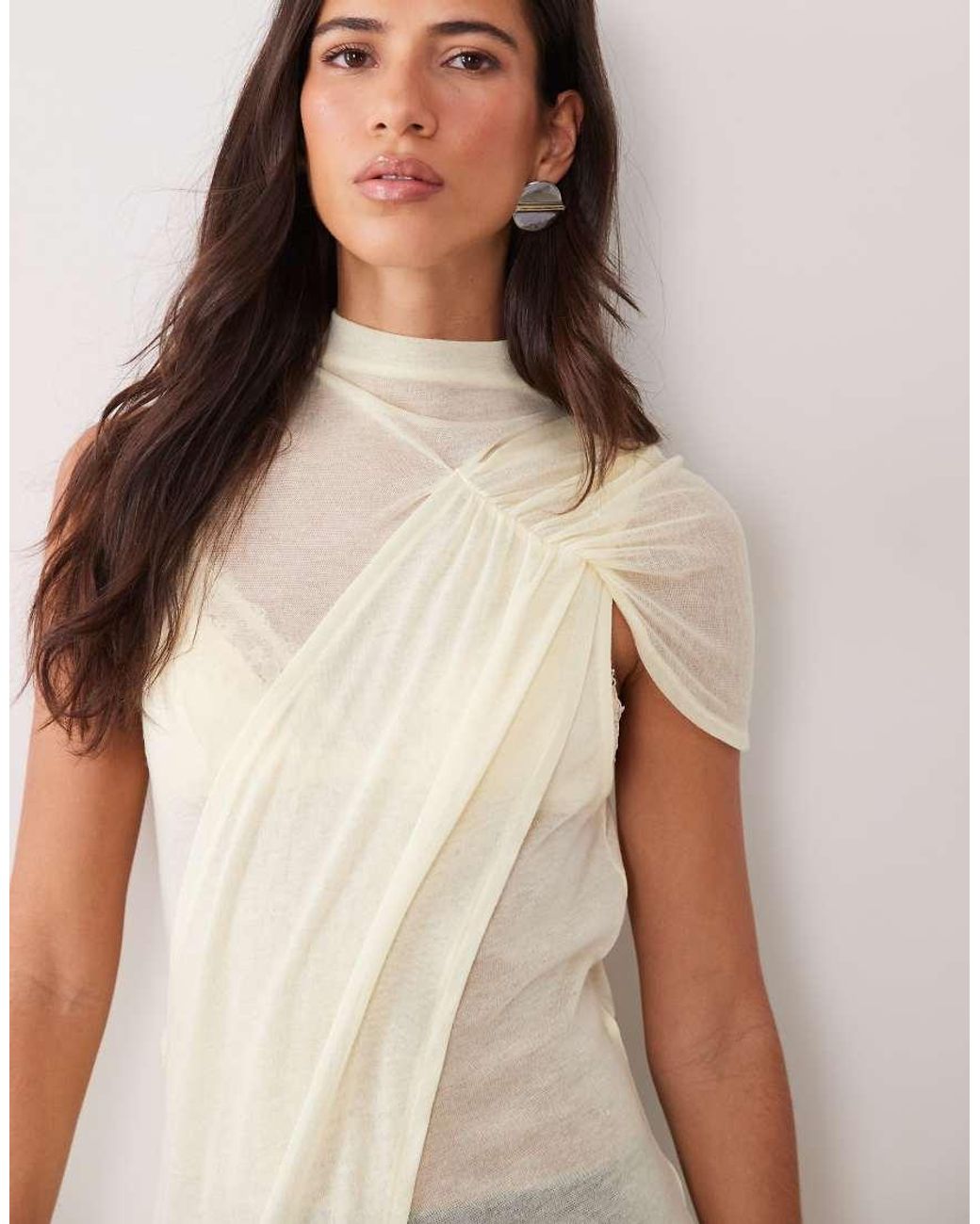 ASOS Brown Semi Sheer Knit Look Asymmetric Drape Detail Top