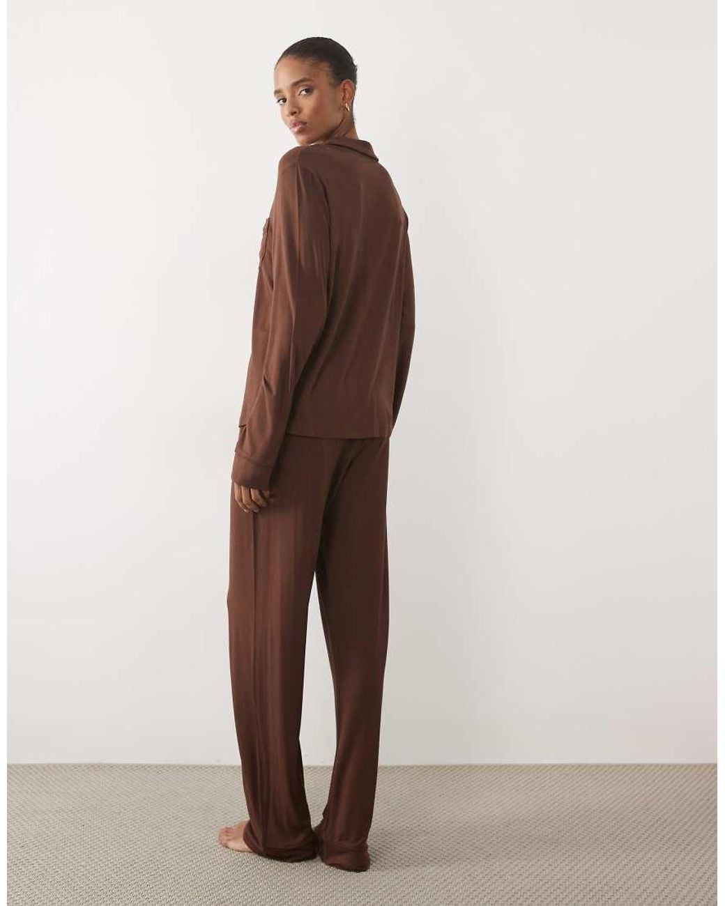 ASOS Brown Asos Design Tall Super Soft Long Sleeve Shirt & Pant Pyjama Set