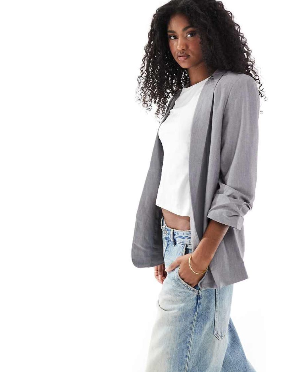 Pieces Blue Ruched Sleeve Blazer