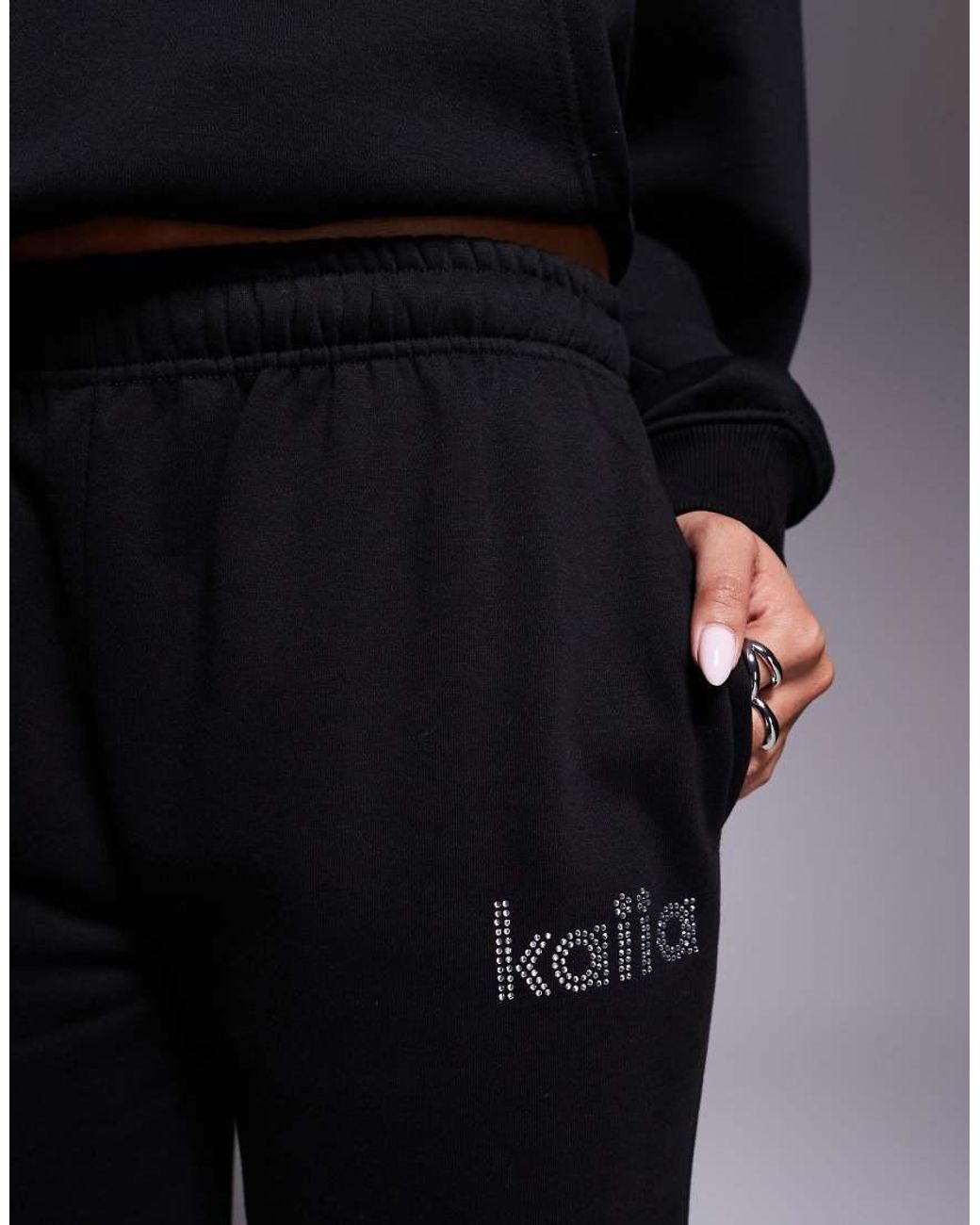 Kaiia Black Exclusive Cotton Rich Diamante Logo Wide Leg joggers Co-ord