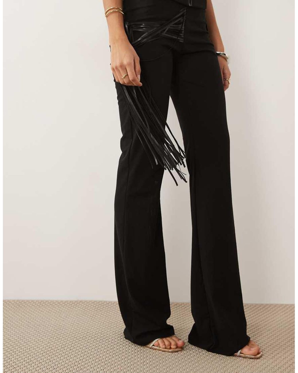 I.AM.GIA Black Iselda Sculpting Mesh Faux Leather Fringe Detail Pants