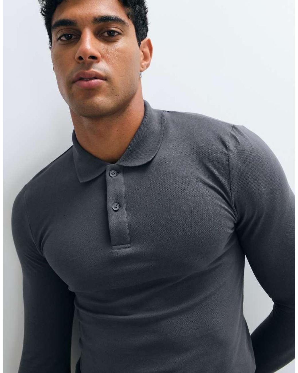 ASOS Blue Essentials Long Sleeve Muscle Fit Polo for men