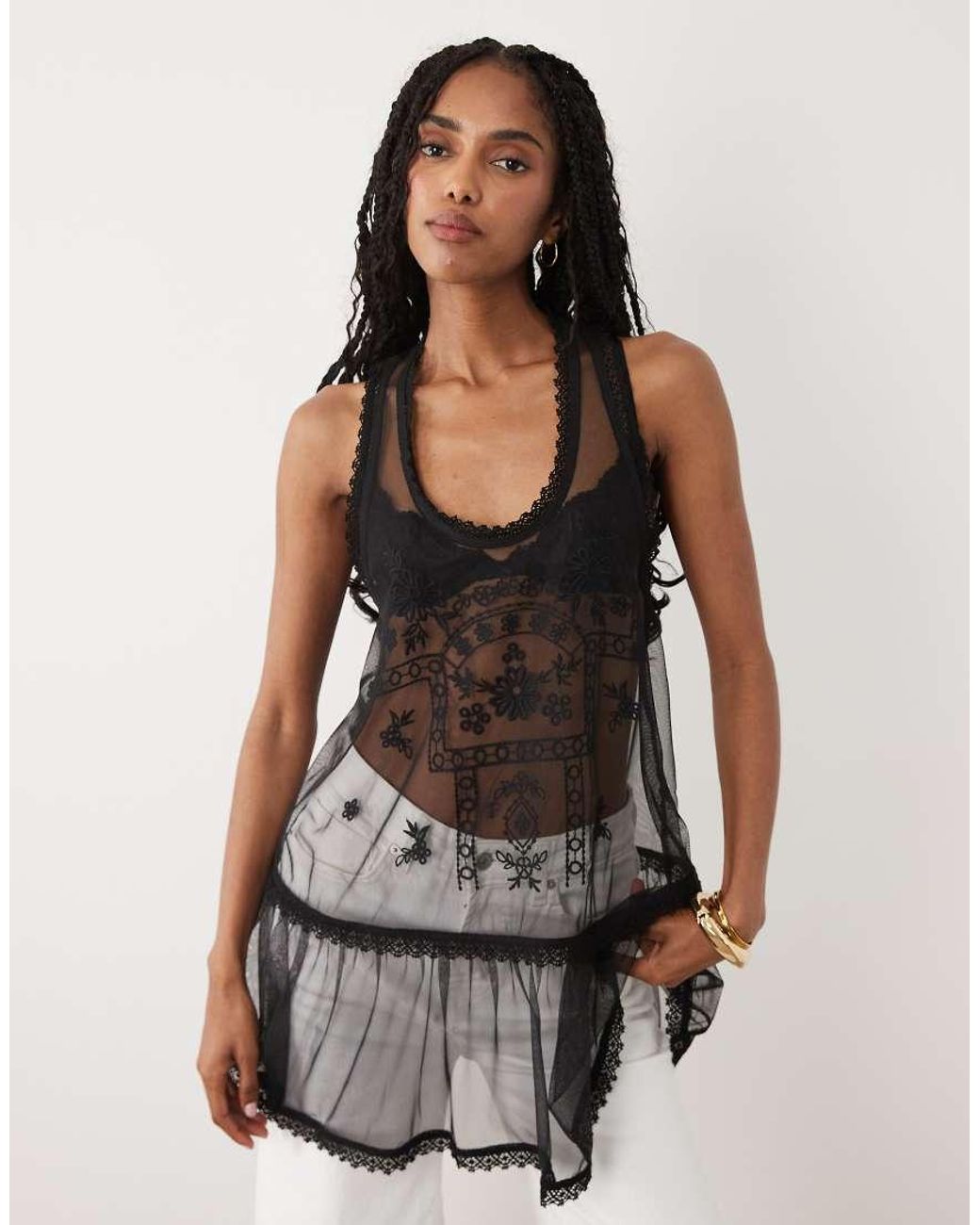 Miss Selfridge Black Embroidered Mesh Cami Top