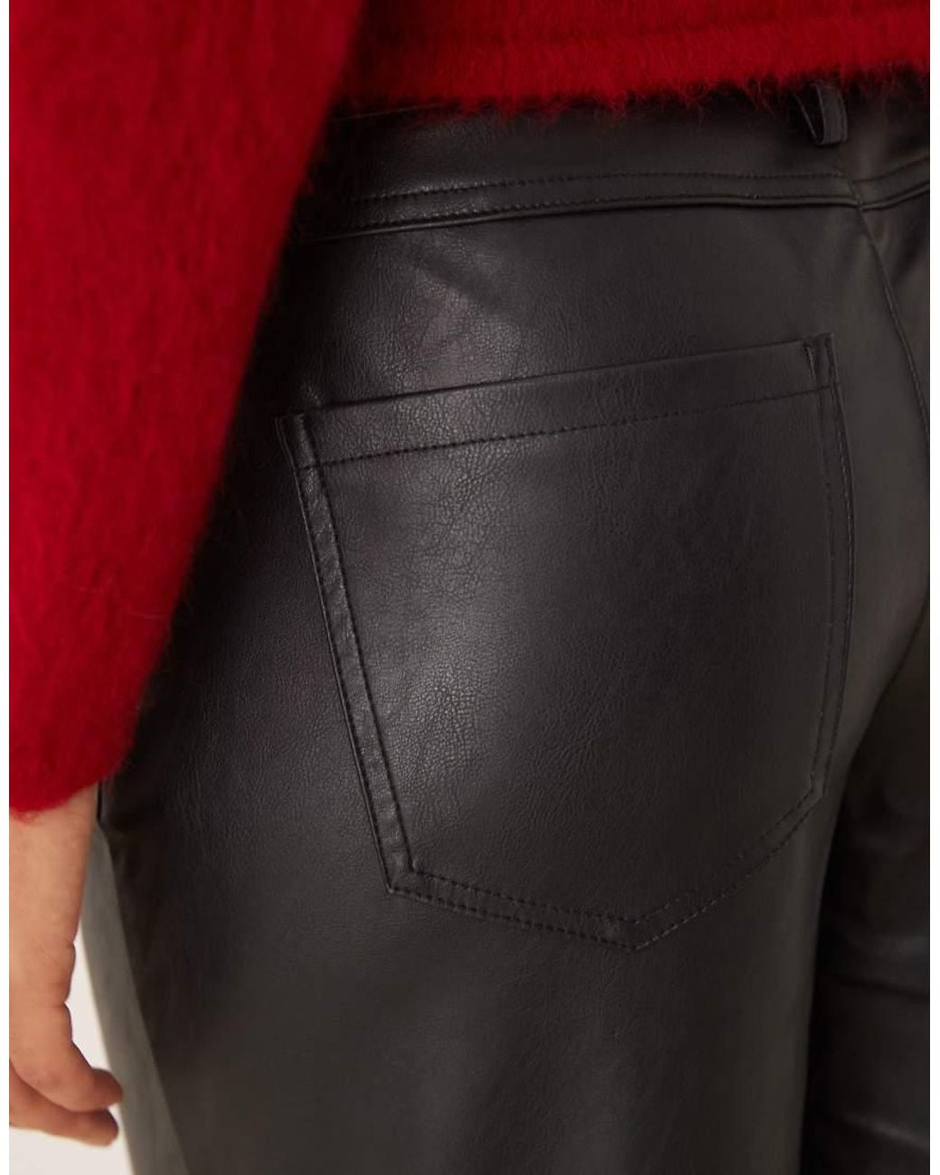 Vila Red Wide Leg Faux Leather Trousers With Seam Details