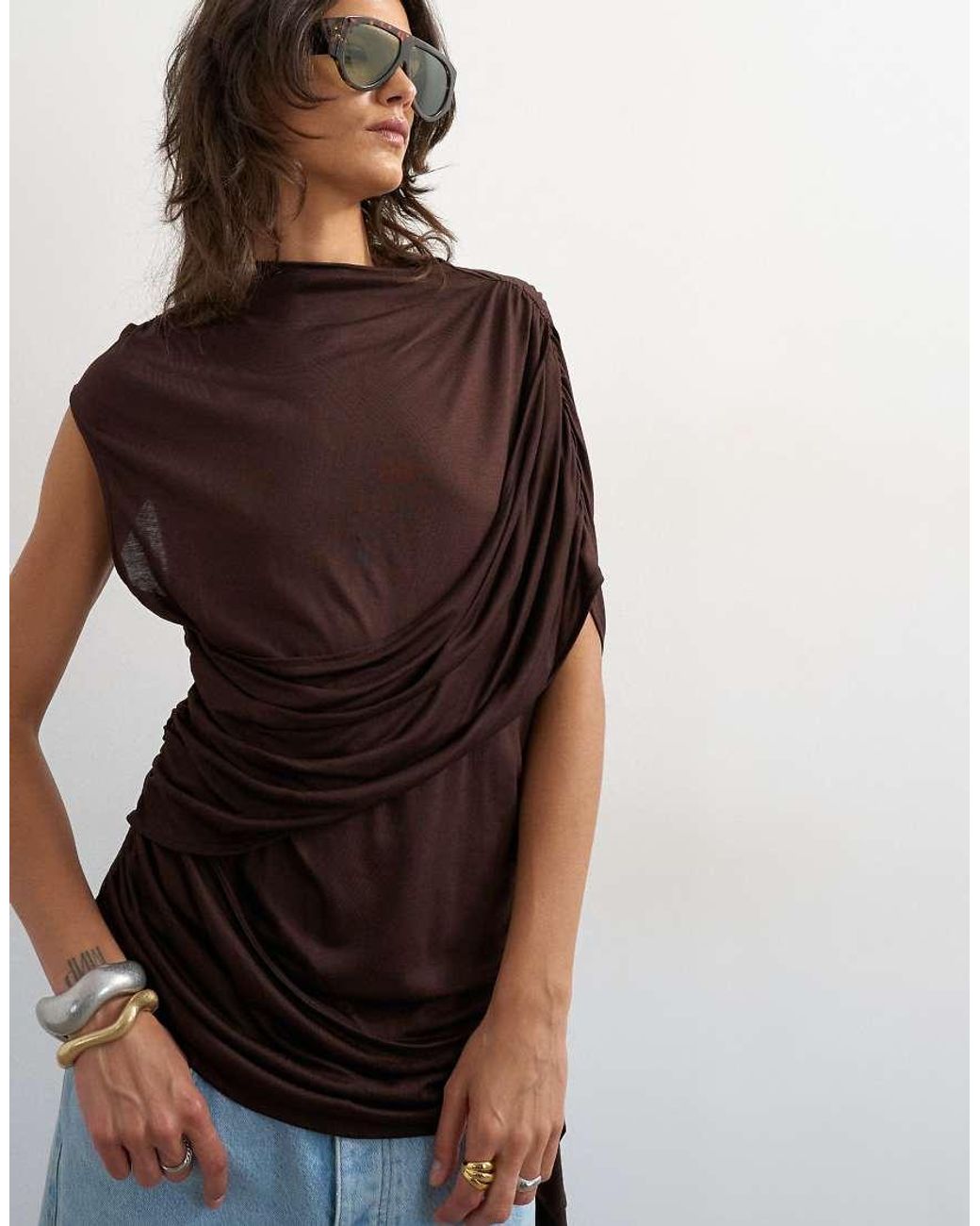 TOPSHOP Brown Draped Wrap High Cap Sleeve Top