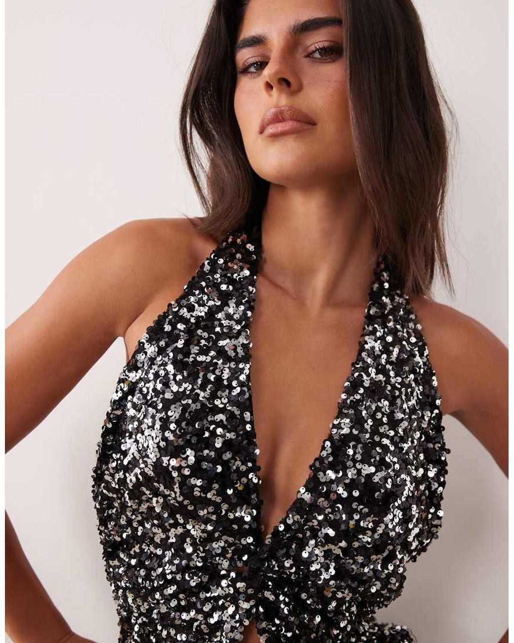 ASOS Brown Sequin Plunged Front Top