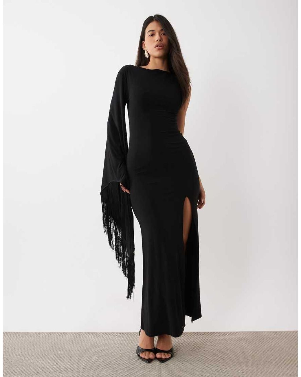 ASOS Black One Shoulder Slinky Maxi Dress With Fringe Detail And Split