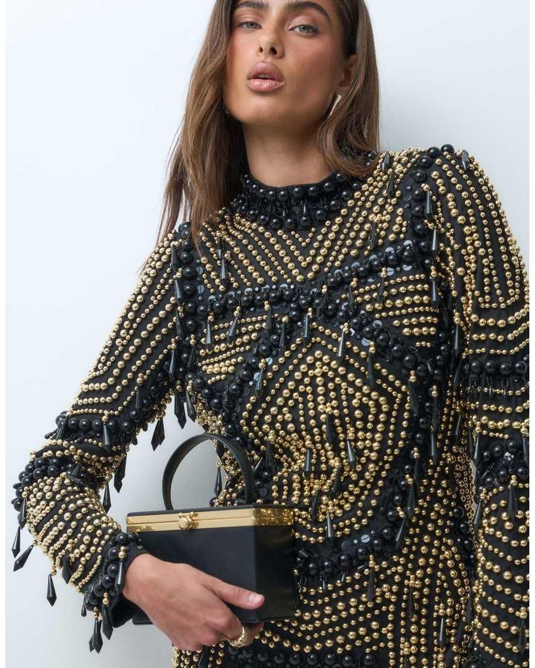 ASOS Gray Pearl Embellished Long Sleeve Mini Dress