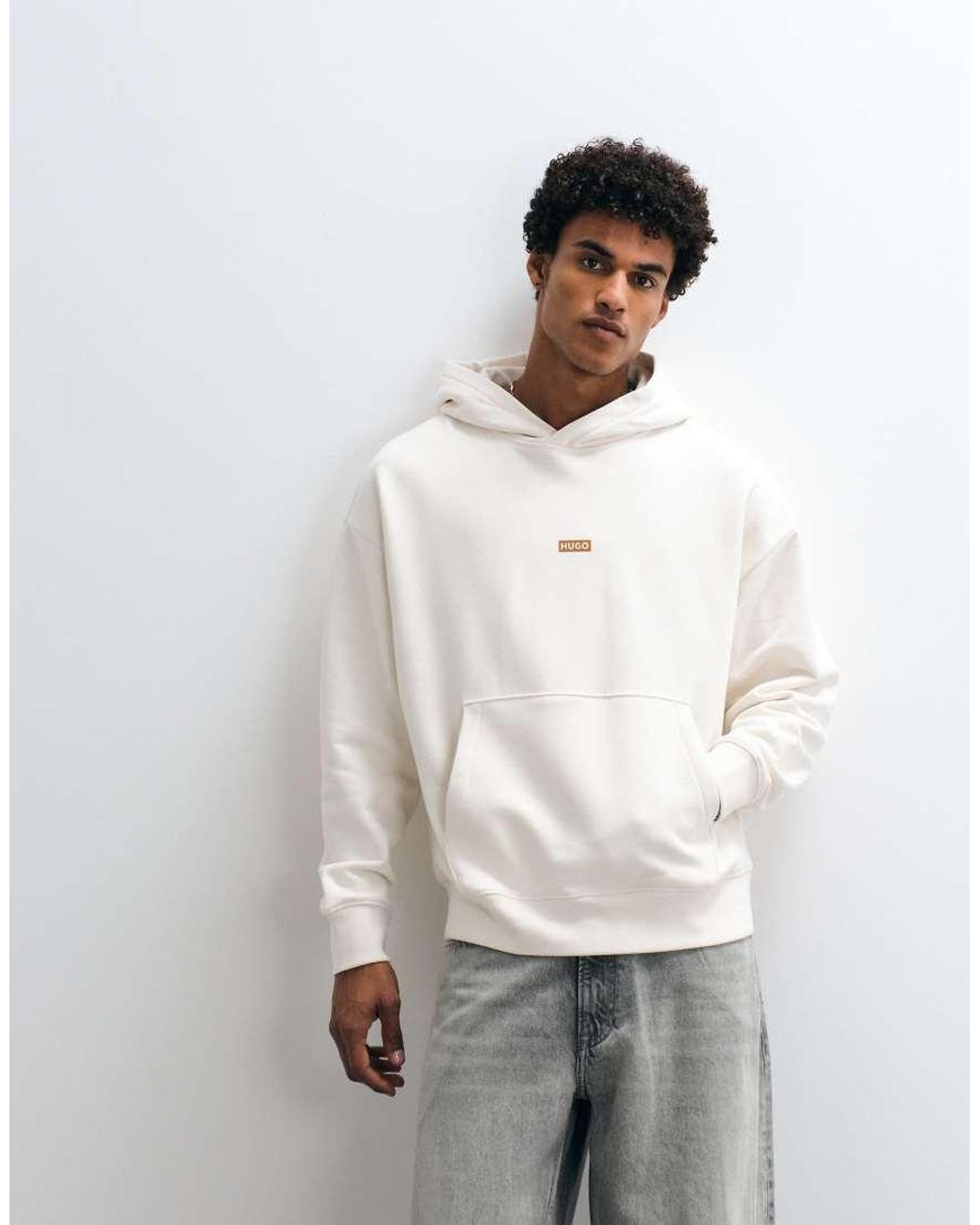 HUGO White Nazardo Loose Fit Back Print Hoodie for men
