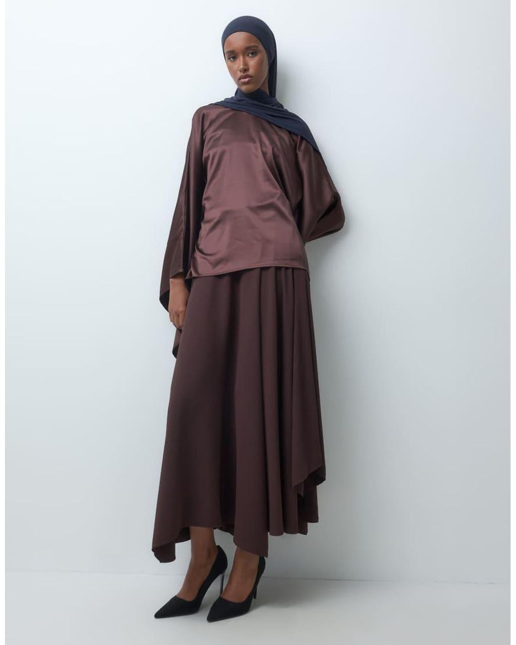 Iyal Brown Satin Extreme Drape Sleeve Top Co-ord