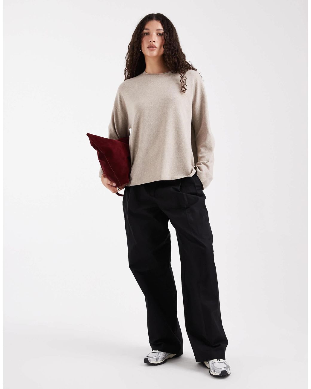 ONLY Gray Round Neck Boxy Knitted Top