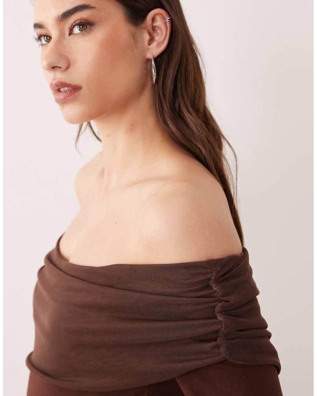 ASOS Brown Mesh Bardot Long Sleeve Bodysuit With Cotton Body