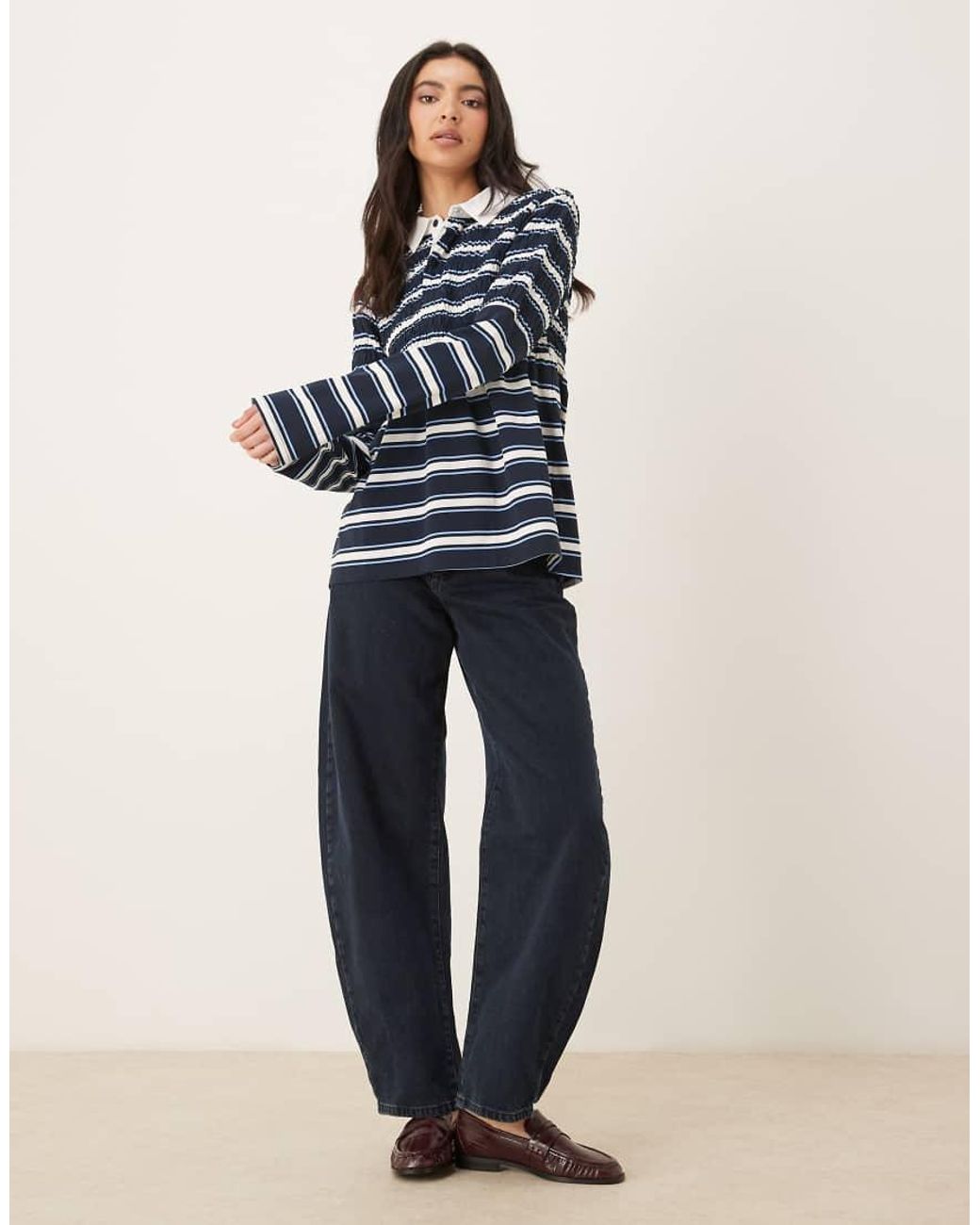 Nia Blue Barrington Shirred Striped Collared Polo Top