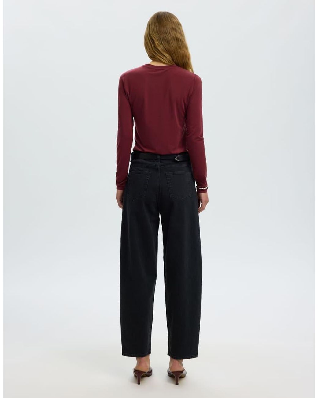 SELECTED Red Manja Leather Slim Fit Crew Neck Long Sleeve Stretch Top