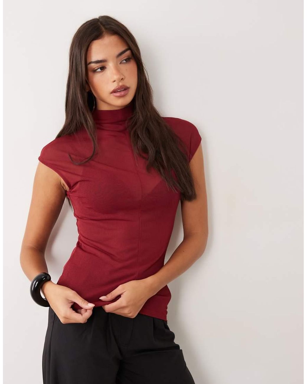 ASOS Red Sheer High Neck Short Sleeve Top With Seam Detail
