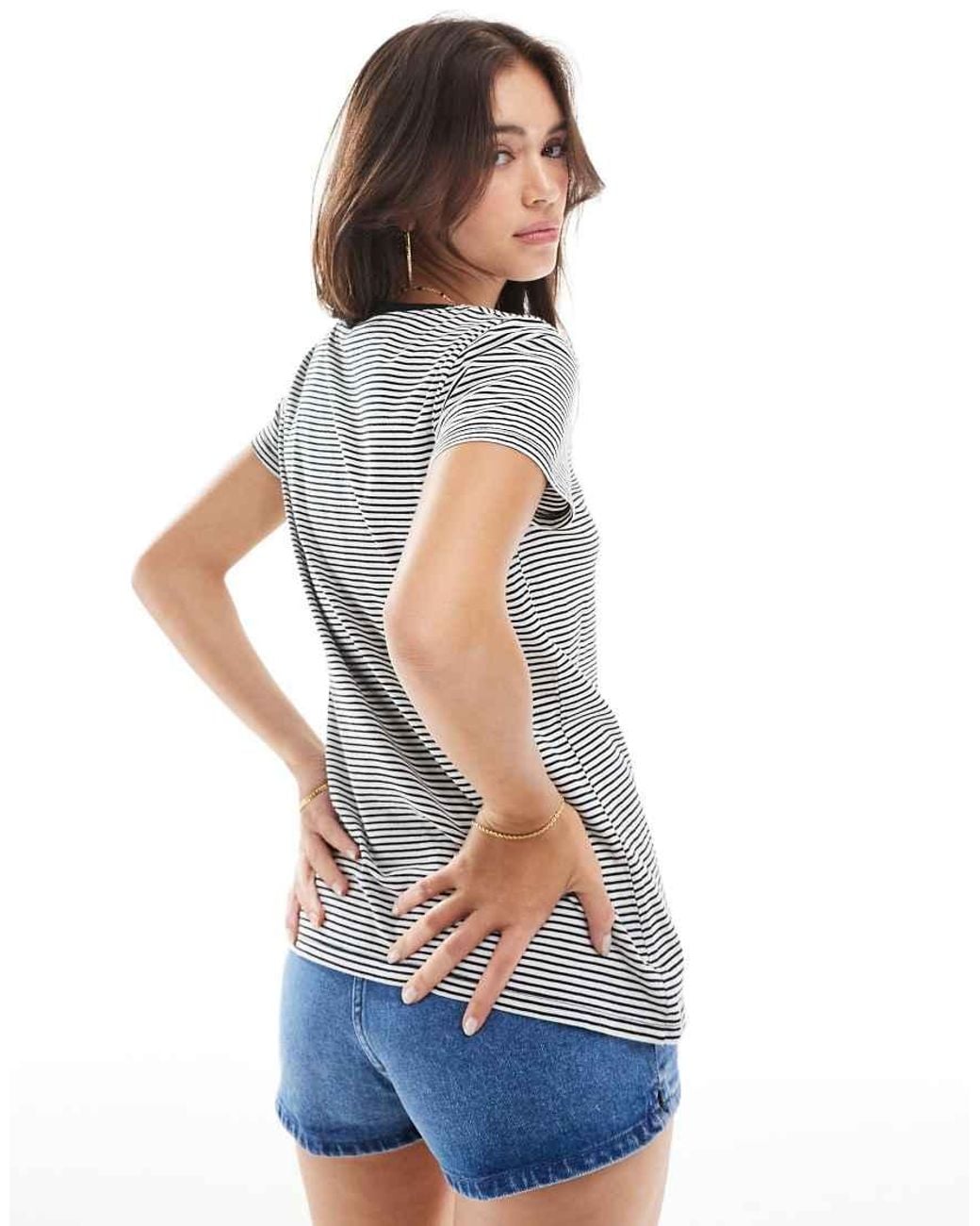 Levi's Gray Perfect V Neck Small Batwing Logo Stripe T-shirt