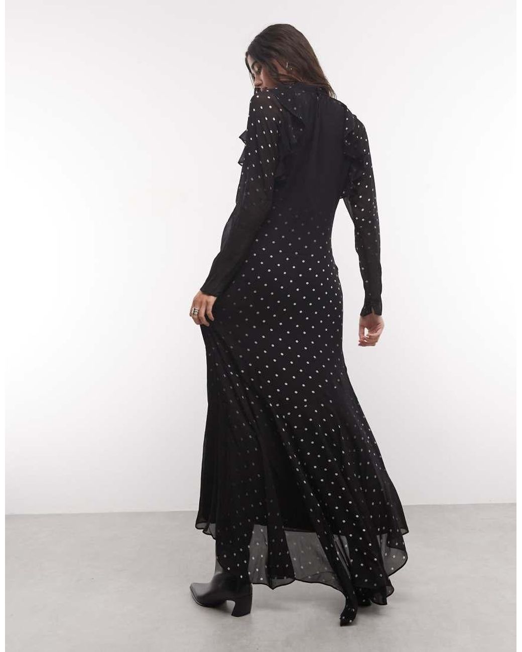 AllSaints Black Clarisse Long Sleeve High Neck Polka Dot Maxi Dress