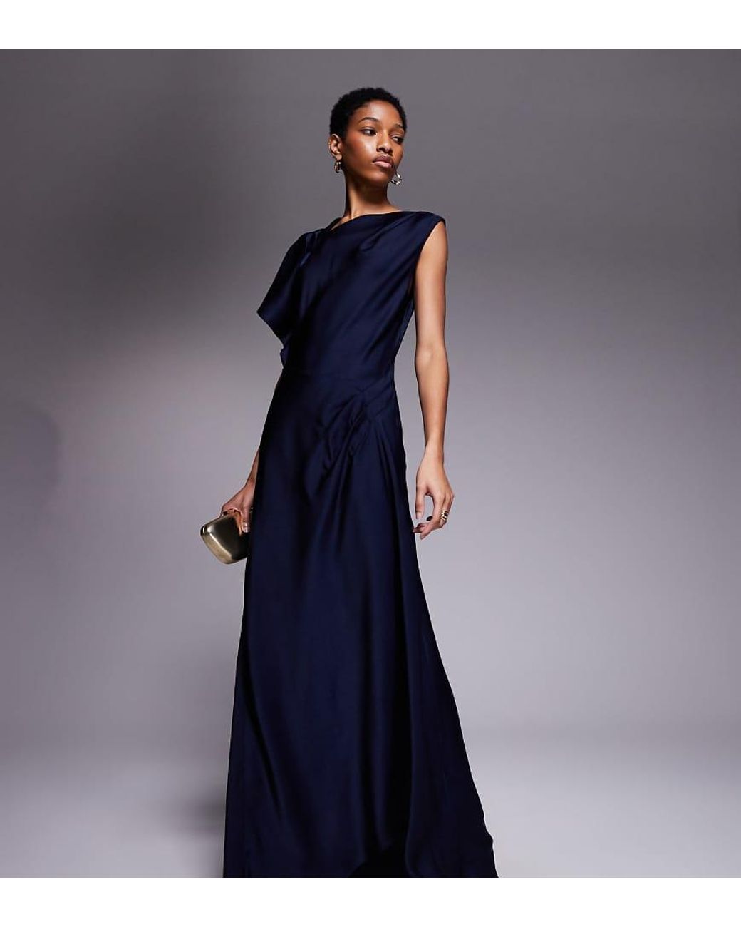 ASOS Blue Asos Design Tall Satin Asymmetric Neckline Maxi Dress With Pleat Shoulder And Skirt Detail