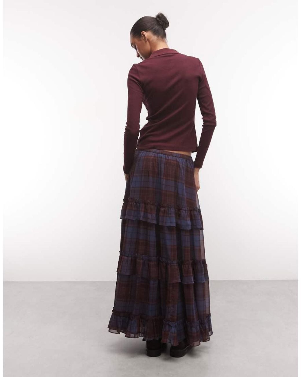 Reclaimed Vintage Blue Chiffon Check Maxi Skirt