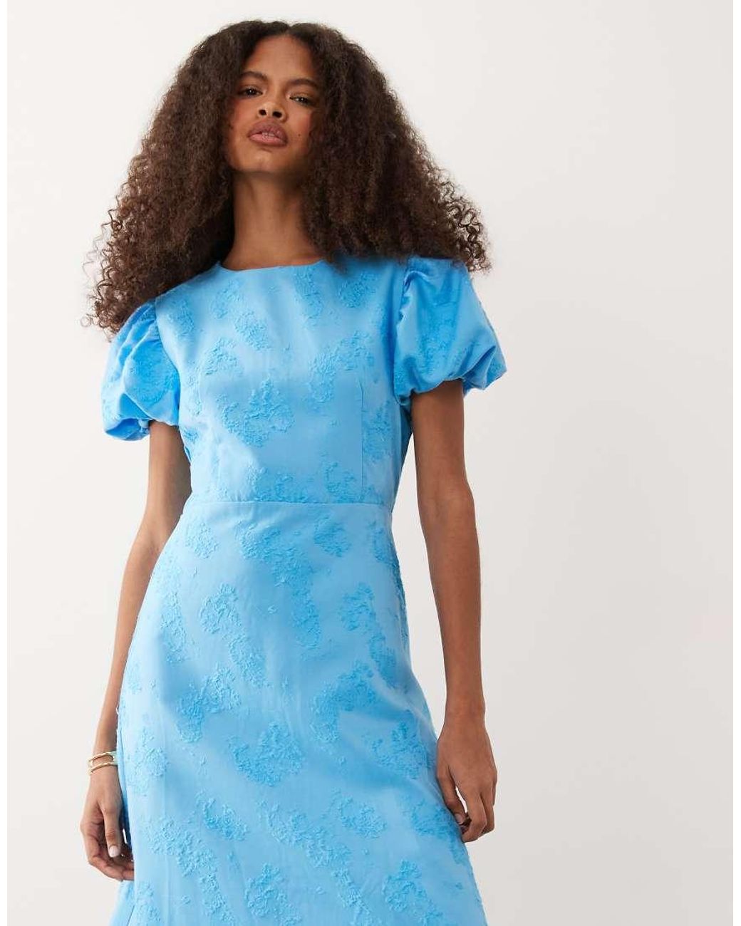 Sister Jane Blue Exclusive Jacquard Puff Sleeve Structured Hem Midi Dress
