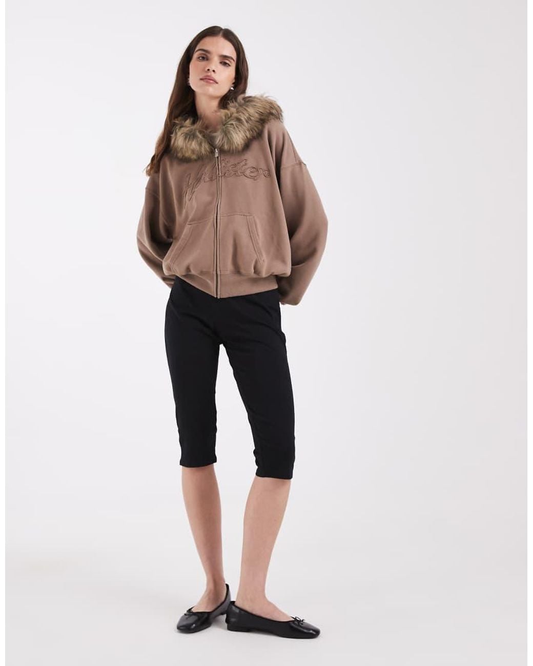 Hollister Brown Logo Graphic Zip Through Hoodie With Fur Trim