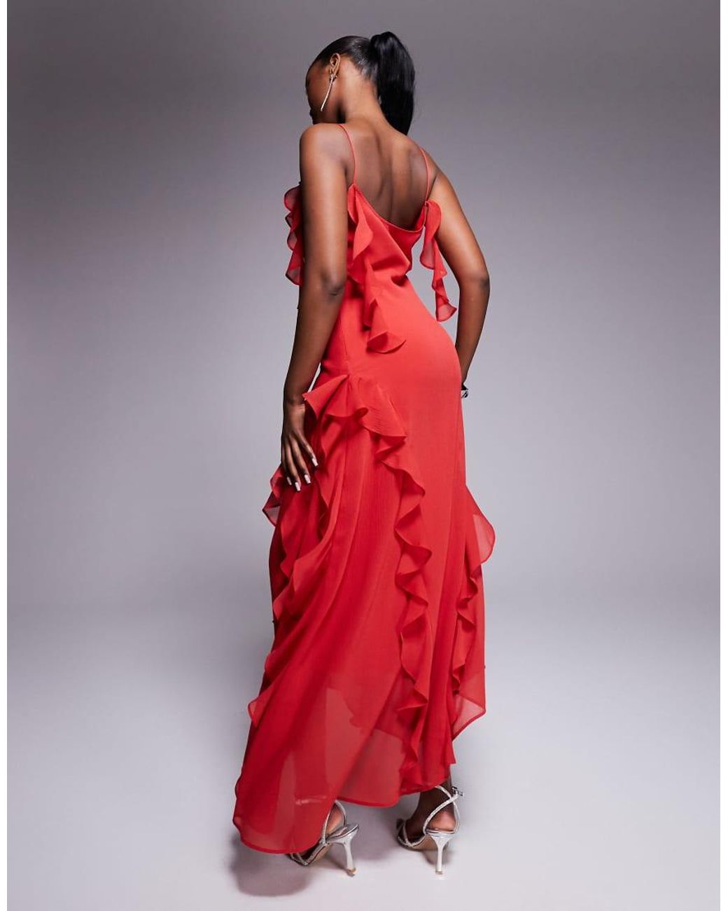ASOS Red Textu Chiffon Maxi Dress With Trailing Ruffles