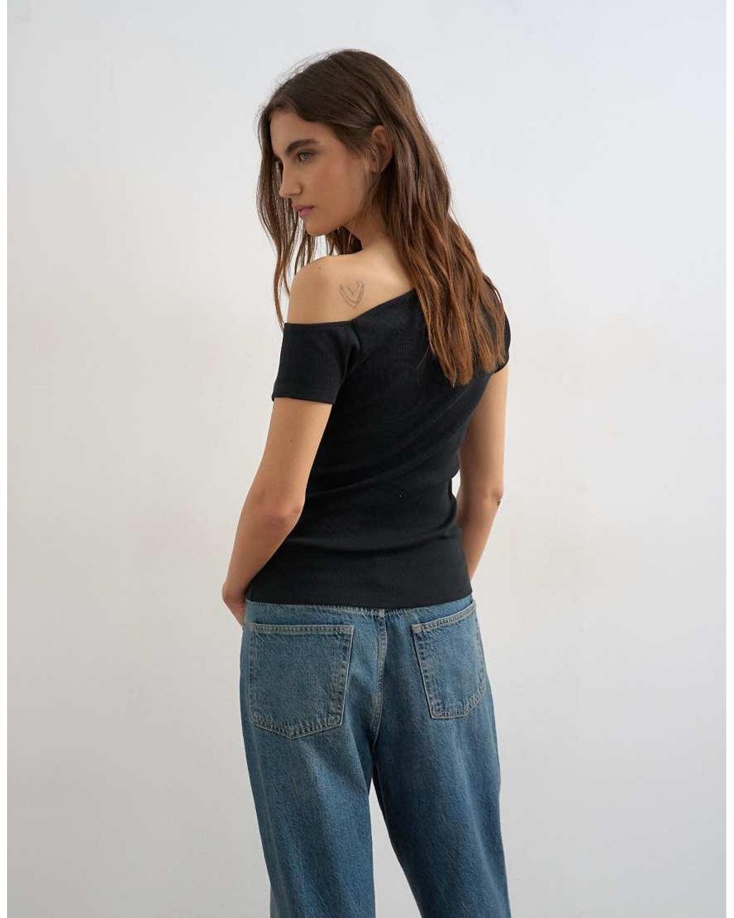 TOPSHOP Black Bardot Button Through Top