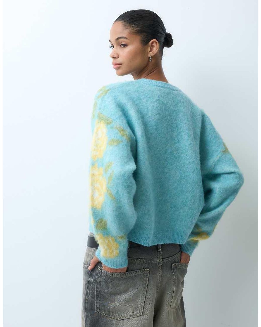 Miss Selfridge Blue Brushed Floral Crew Neck Cardigan