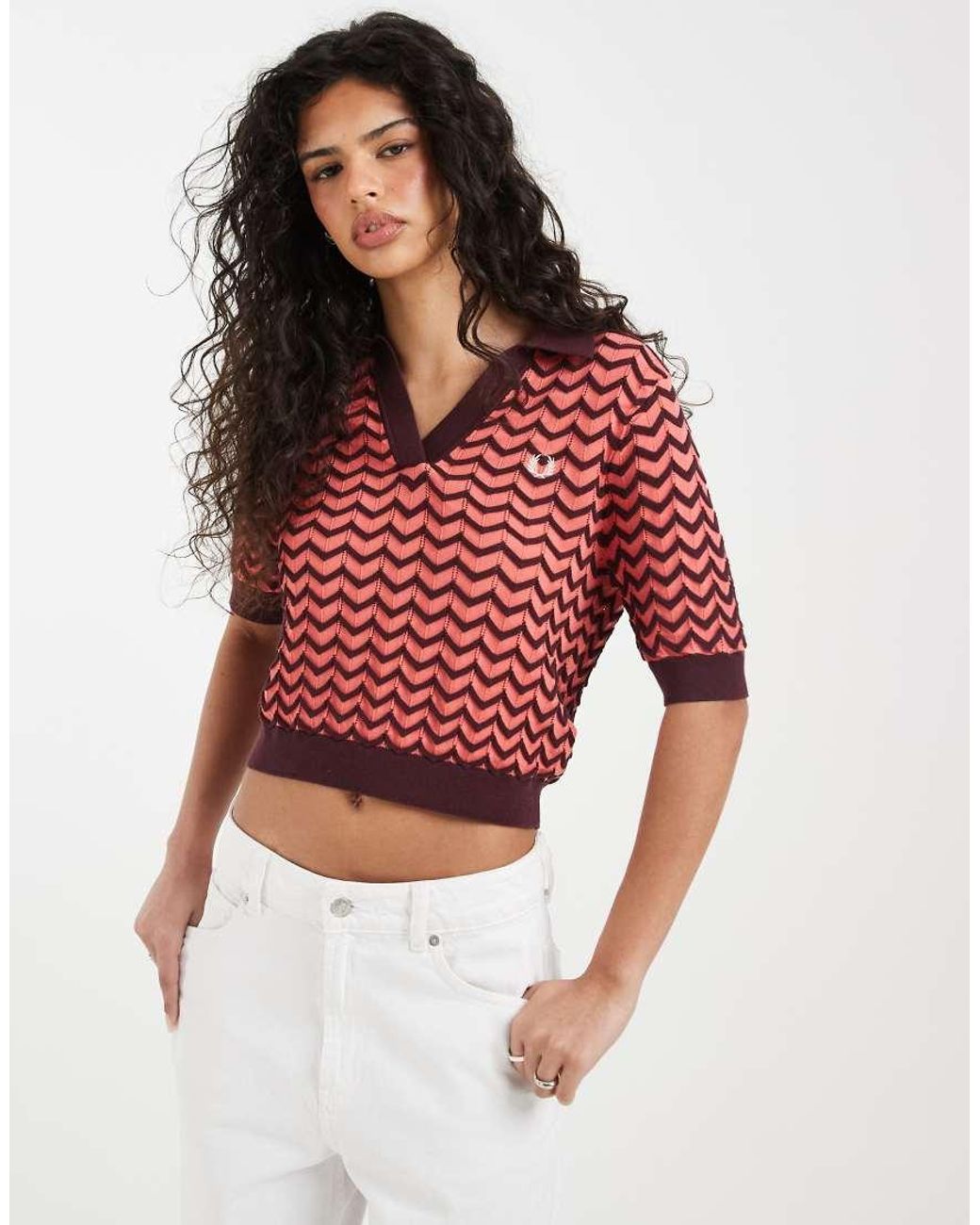 Fred Perry Red Pointelle Contrast Knitted Shirt